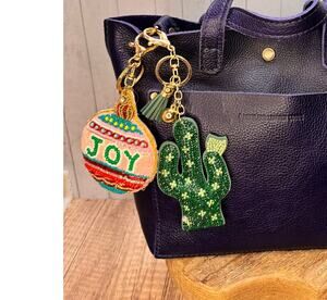 Set of 2 Bag Charms Sparkly Christmas Ornament Purse Charm Cactus Bag Charm